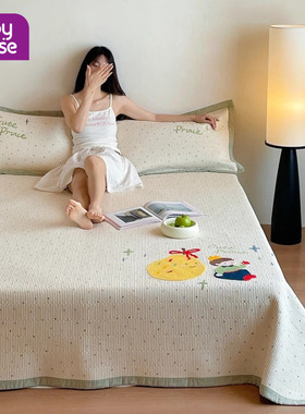 毛巾绣花双面纯棉床盖三件套双层纱A类母婴级榻榻米防滑夹棉床单
