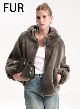 UJ/西班牙拉贡皮毛一体短款宽松外套拉链女皮草气质休闲上衣连帽