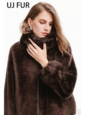 UJ/西班牙拉贡皮毛一体短款宽松外套拉链女皮草气质休闲上衣连帽