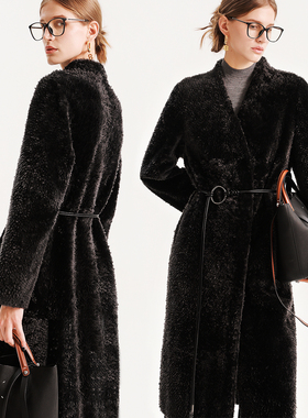 UJ/轻奢极简风石墨灰皮毛一体长款外套女收腰羊羔毛皮草大衣