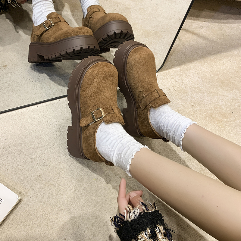 英伦风厚底勃肯鞋女2025秋冬季新款反绒皮带扣单鞋百搭增高乐福鞋