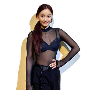 拉丁连体衣女长袖 网纱上衣舞蹈训练功形体操服 高领成人性感打底衫