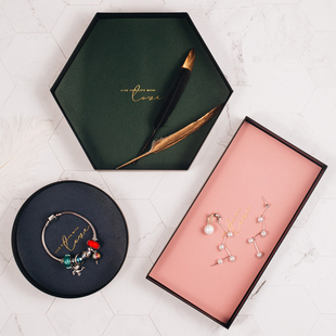 ins北欧风莫兰迪色饰品收纳盘钥匙盘桌面托盘铁艺皮垫圆形置物盘