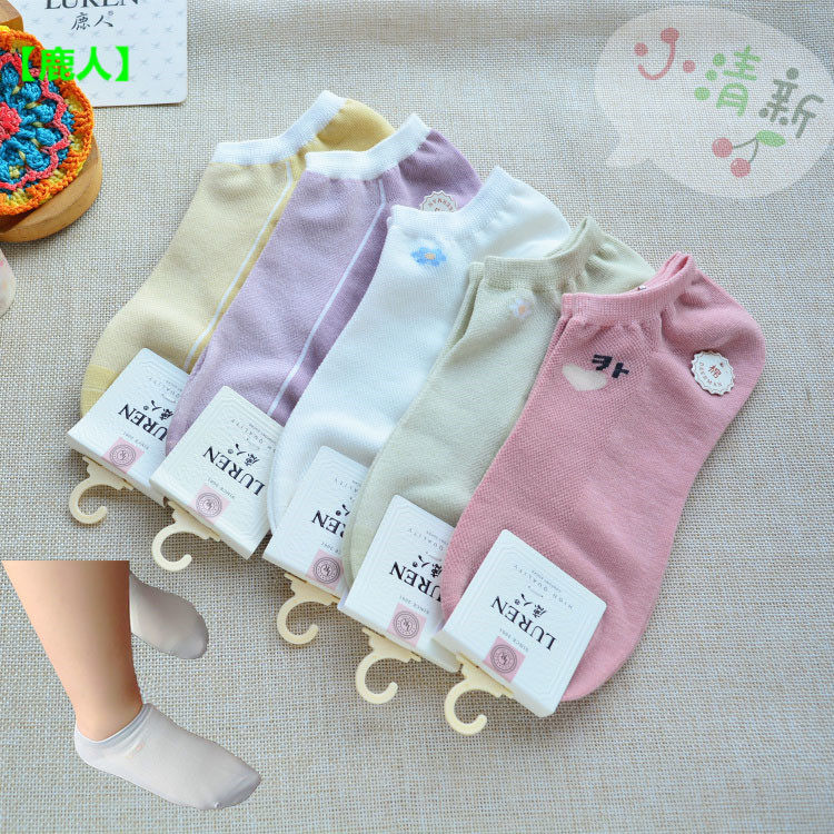 鹿人3010纯棉女袜可爱卡通女短袜学生运动袜 夏季网眼薄款