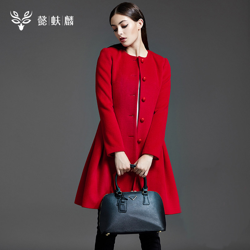 懿蚨麟毛呢外套女秋冬时尚甜美中长款羊绒大衣圆领无领秃领修身