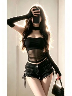 欧美辣妹女装黑色系穿搭风网纱拼接抹胸上衣送手袖牛仔短裤