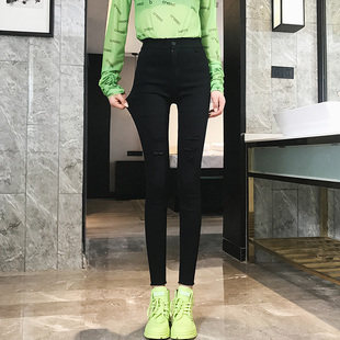 黑色破洞打底裤女2026外穿春夏新弹力紧身显瘦高腰九分小脚铅笔裤