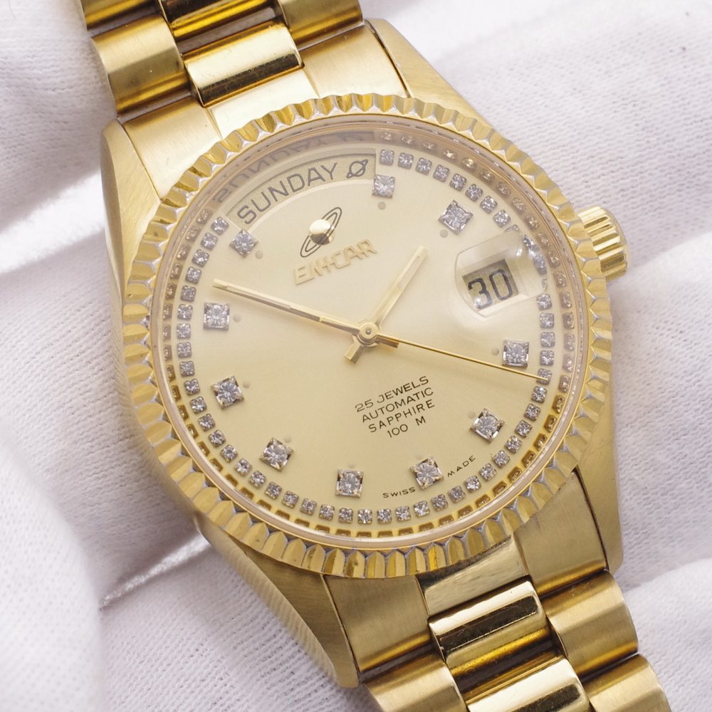 二手瑞士原装正品ENICAR英纳格3169闪钻镀金全自动机械男古董手表