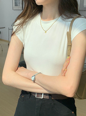 艾格2024夏季新款圆领紧身显瘦时尚休闲纯色T恤上衣YZ59