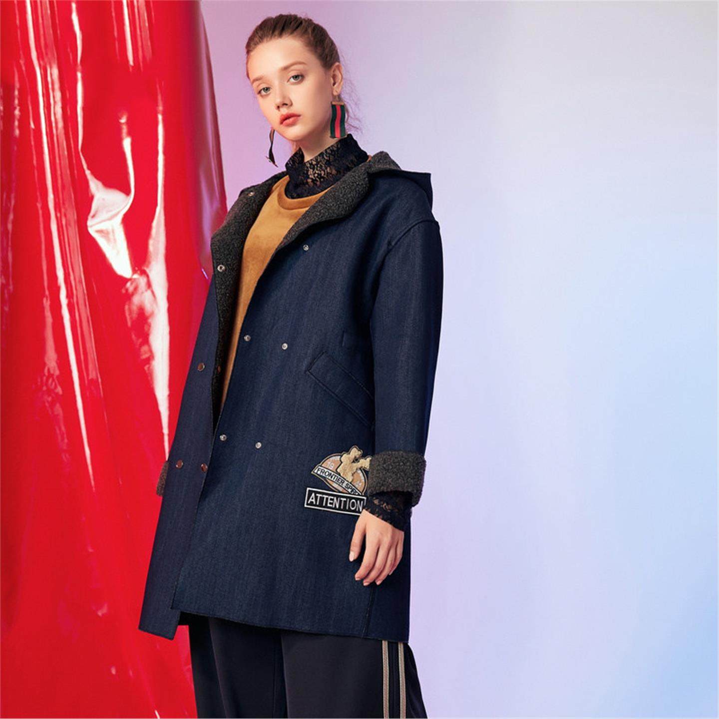 【秋水伊人】冬季女装牛仔蓝连帽毛呢大衣女中长版宽松外套FR2732,女装/女士精品,毛呢外套,淘宝优惠券,粉丝福利购,淘宝优惠卷