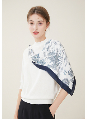 秋水伊人2024年春季新款个性水墨丝巾披肩半袖毛针织衫V714