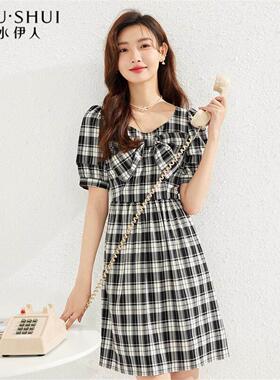 秋水伊人复古法式连衣裙2025夏季新款女装高级感蝴蝶结泡泡袖V671