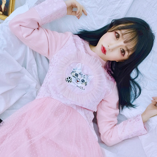 Meowo 樱奈新年款气质百搭蕾丝软妹高腰中长款中国风连衣裙女