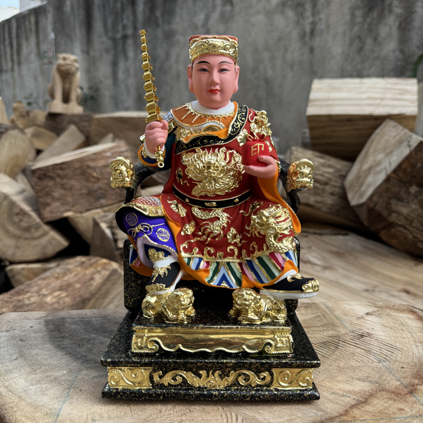 10寸元帅踩狮将军爷托印持锏王爷神像连座木雕工艺香樟木居家供奉