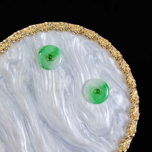 18K金缅甸A货天然平安翡翠高冰蛋面飘花冰翠耳钉 莲栖 浅小屋