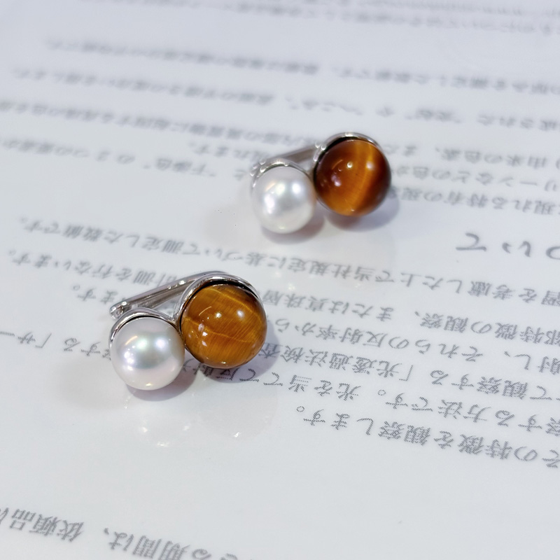 纯银双珠耳扣淡水珍珠虎眼石耳坠