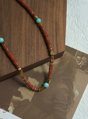 GOTAN新款波嬉风钛钢天然石项链酒红色度假名族风锁骨链女