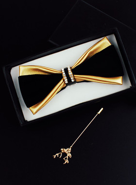 金色PU皮钻领结+鹿头胸针结婚新郎伴郎正装宴会男士黑色礼服煲呔