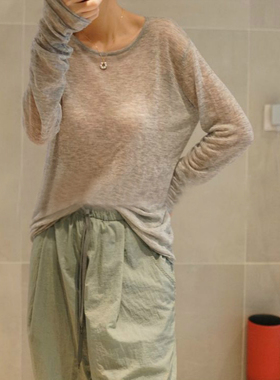 精纺超薄微透低圆领女宽松打底春秋针织套头纯色休闲