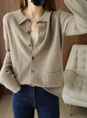 2021秋冬新款POLO领羊绒开衫女衬衣100%纯羊毛针织衫宽松毛衣外套