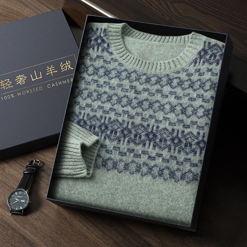 羊绒衫2025新款男士圆领针织衫宽松套头民族针织打底毛衣羊毛衫