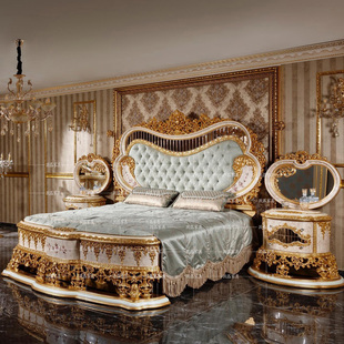 婚床 彩绘床贵族新款 奢华实木雕花公主床法式 别墅高端定制家具欧式