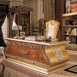 别墅高端定制欧式 办公桌奢华写字大班台 宫廷家具实木雕花书桌法式
