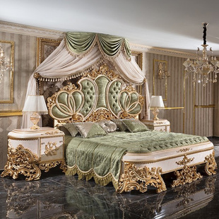 公主床金箔色床布艺婚床 高端定制欧式 家具奢华别墅实木雕花床法式