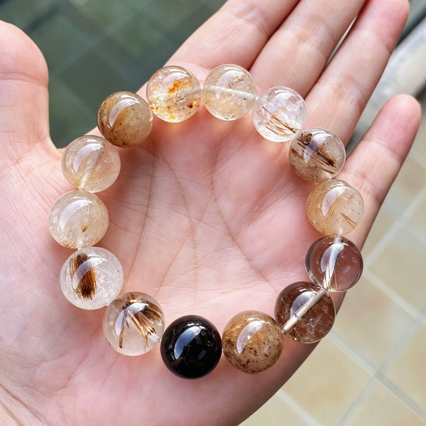 13mm天然水晶多宝手串手工手链铜发晶黑金超七发晶