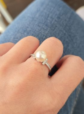 T天然海水akoya珍珠戒指（点位7.5金粉镜面光带证银配）