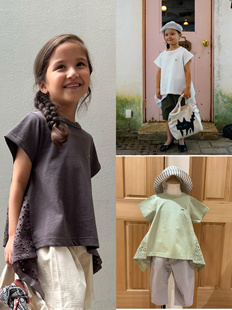 出口日本原单Fith丝光全棉刺绣花边拼布亲子T恤