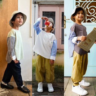 日本贵牌Fith全棉条纹拼接长袖衬衫T恤亲子男女童中性春秋