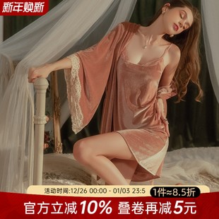 今夕何夕性感睡衣女高级感秋冬丝绒睡裙家居服套装 纯欲风吊带睡袍