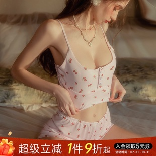 两件套吊带睡裙 今夕何夕性感睡衣纯欲少女樱桃印花夏甜美诱惑短裤