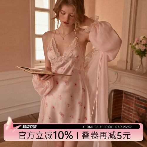 薄款冰丝高级感印花蕾丝吊带睡裙