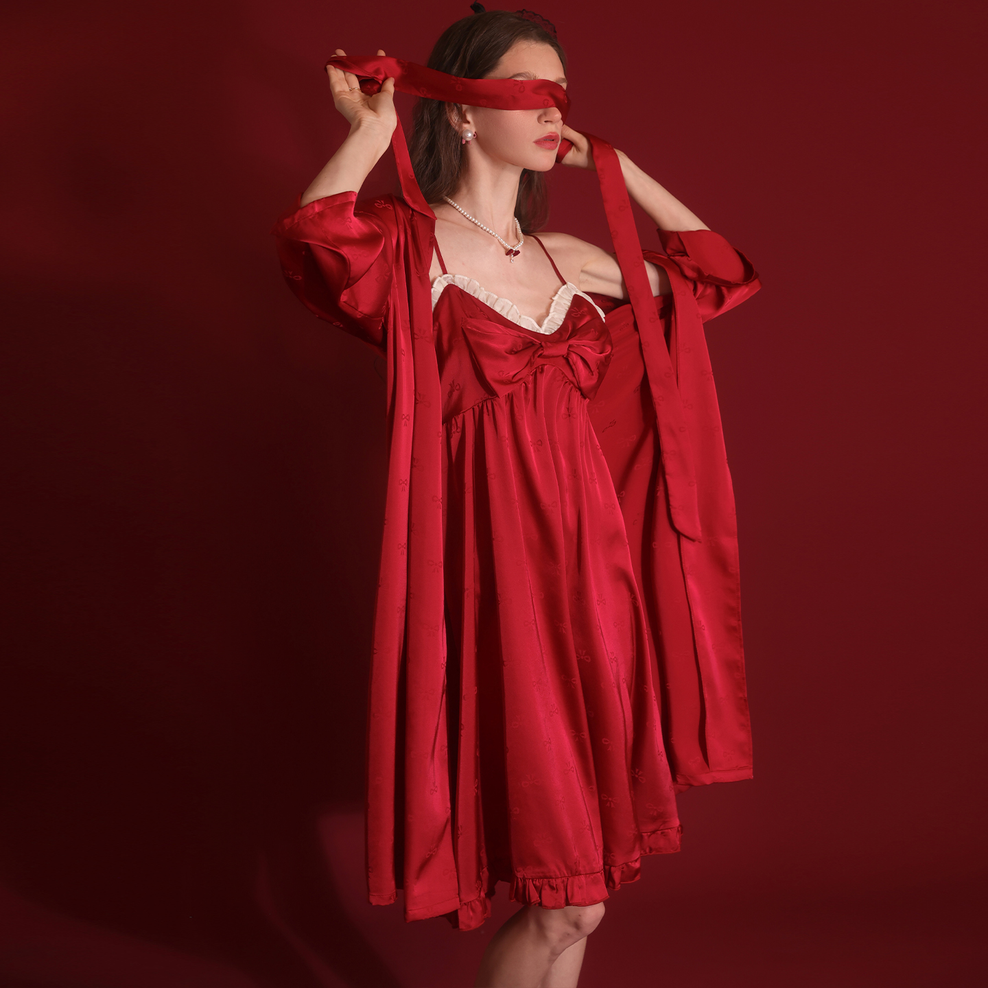 今夕何夕性感睡衣女红色吊带长袖睡袍蝴蝶结印花蕾丝边睡裙家居服