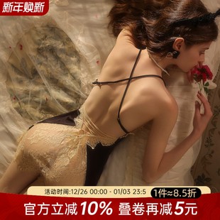 今夕何夕性感睡衣女原创设计法式 冰丝纯欲风蕾丝吊带小胸露背睡裙