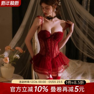 今夕何夕性感连体情调红色内衣女蕾丝聚拢诱惑qqny显胸大塑身衣