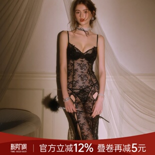 今夕何夕性感睡裙女蕾丝网纱透视纯欲家居服开叉冰丝薄款 吊带睡衣