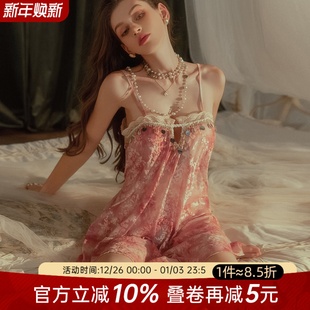 今夕何夕性感睡衣女纯欲风V领蕾丝边印花宽松吊带秋季 睡裙家居服