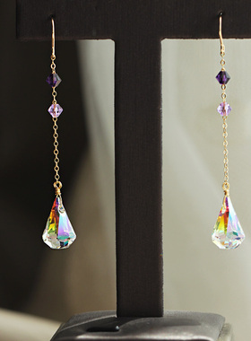 梦幻璀璨 奥地利施家华子钻石水滴紫水晶14K注金耳环长女无痛耳夹