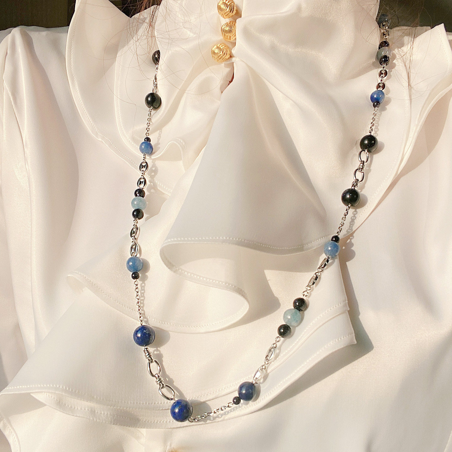 神秘星空天然青金石天然玉髓蓝砂石毛衣链不掉色银色长款项链原创