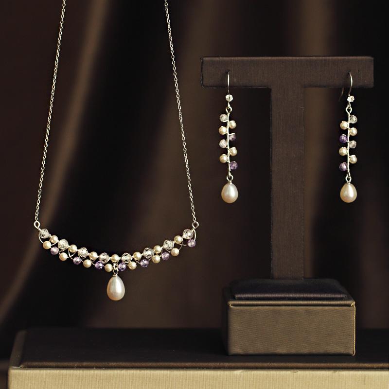 天然珍珠蕾丝通体纯银项链耳环