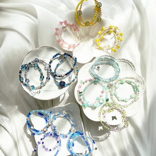 孤品 彩色糖果多巴胺925银捷克手工琉璃施家珍珠双层叠戴纯银手链