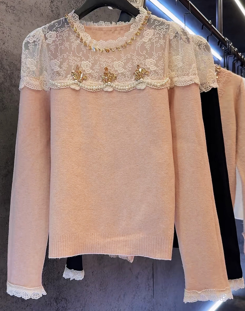 大码胖MM法式拼接蕾丝甜美重工泡泡肩镶钻女显瘦气质减龄针织衫,女装/女士精品,毛针织衫,淘宝优惠券,粉丝福利购,淘宝优惠卷