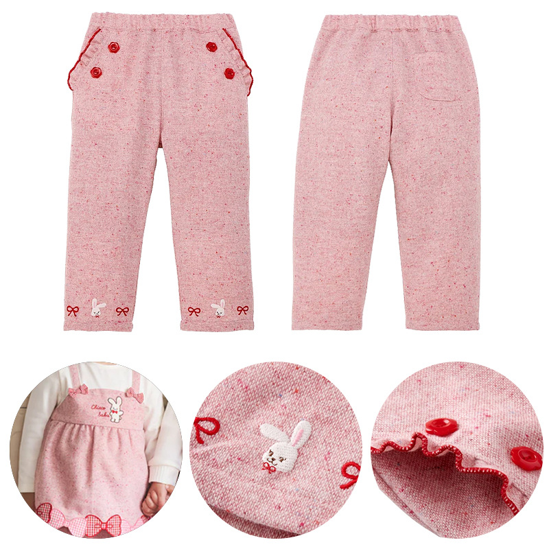 高定 日系女童蝴蝶结长裤春秋新款卡通可爱小兔花朵长裤休闲裤