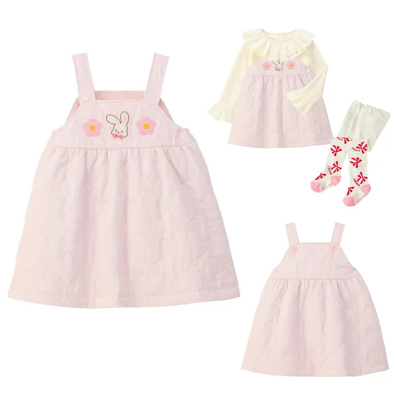 高定 MK25年秋冬加厚日系女童卡通小兔花朵刺绣加厚背带裙