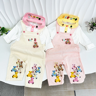 女童重工刺绣五彩小熊梭织棉背带裤 热卖 新款 25春秋季 款