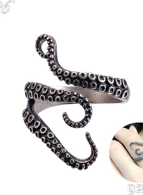 章鱼戒指925纯银新款男女朋克钛钢开口戒哥特八爪鱼指环海盗黑暗