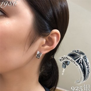 925纯银立体雕花耳扣男泰银做旧浮雕耳钉耳圈朋克印第安耳环潮